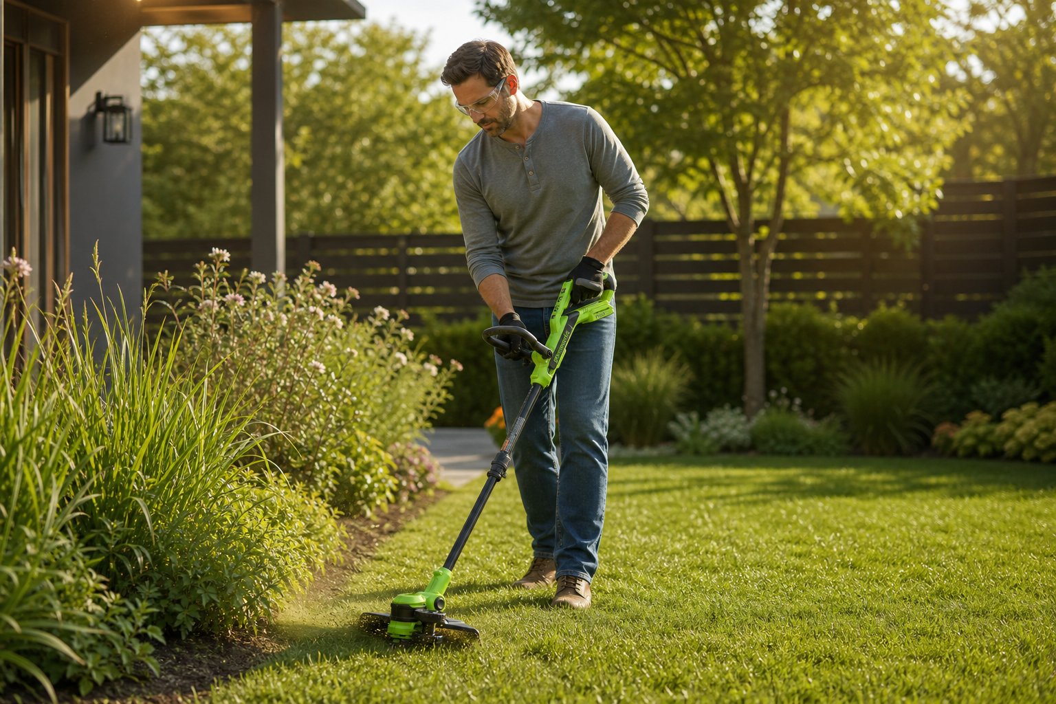 Homeowner using a green cordless string trimmer in a garden