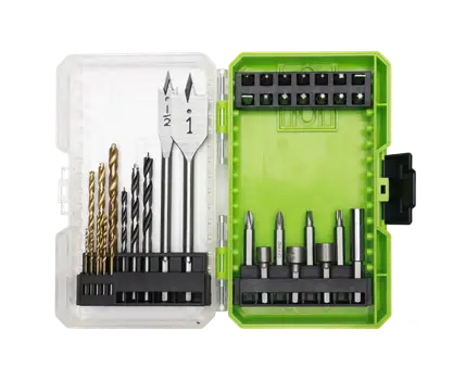 Greenworks 35-piece drill and drive bit set in a green case