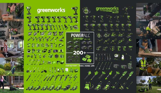 Complete Greenworks PowerAll 24V and 48V battery-powered product family