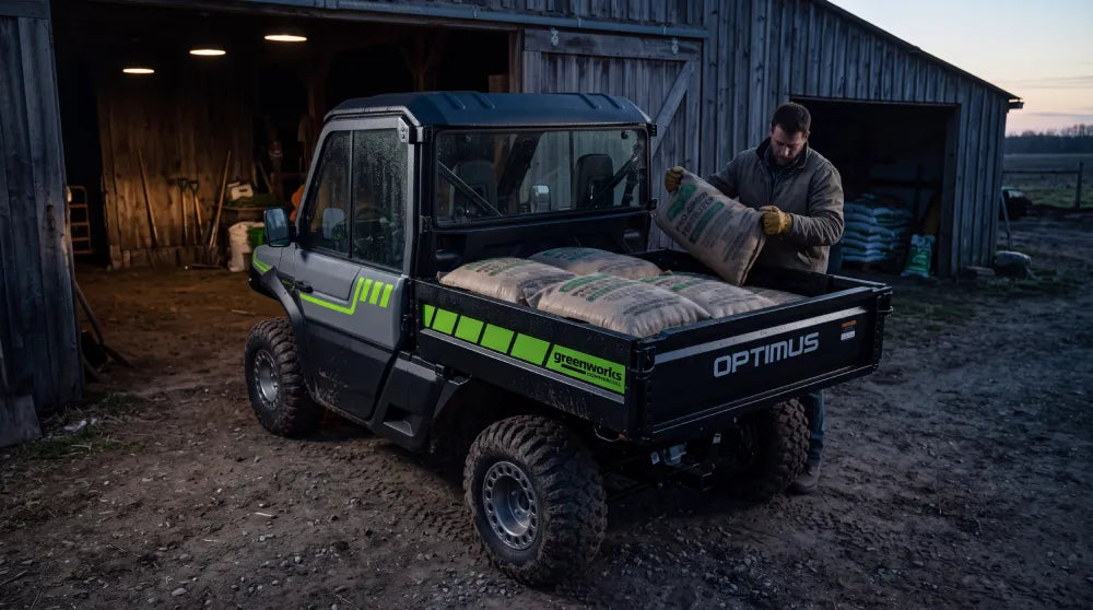 Greenworks Optimus UTV - durch einen Waldbach fahren