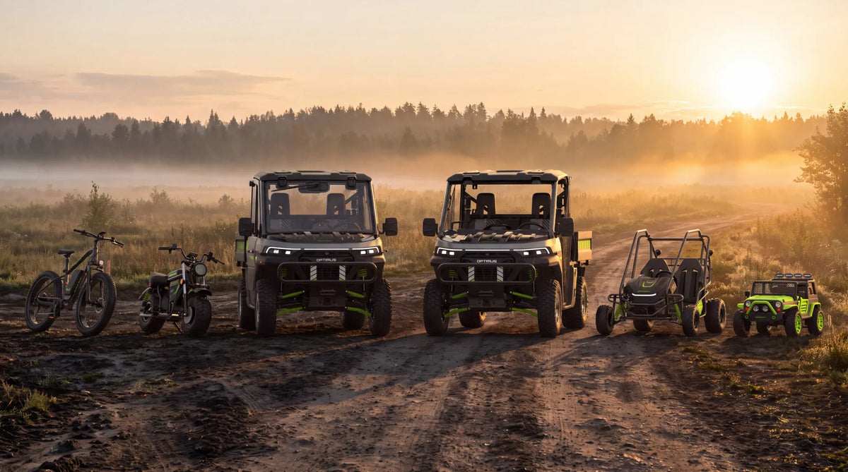 Greenworks vehicle lineup — UTVs, electric bikes, go-karts, electric scooters, kids ride-on cars, and accessories
