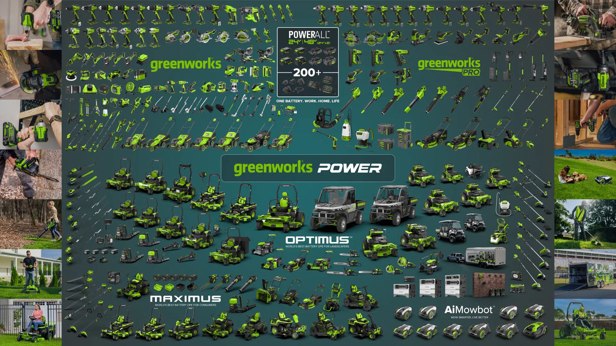 Greenworks battery ecosystem across power tools, lawn care, smart mowing, lifestyle products and commercial equipment
