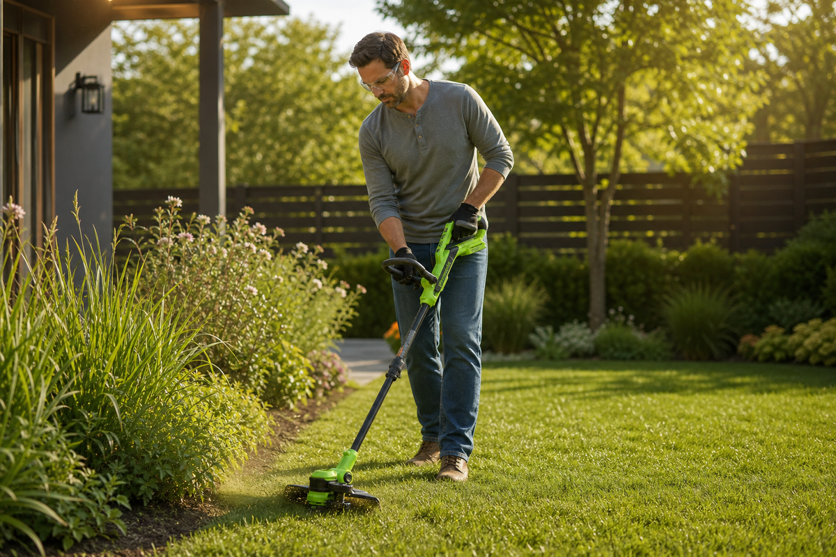 Homeowner using a green cordless string trimmer in a garden
