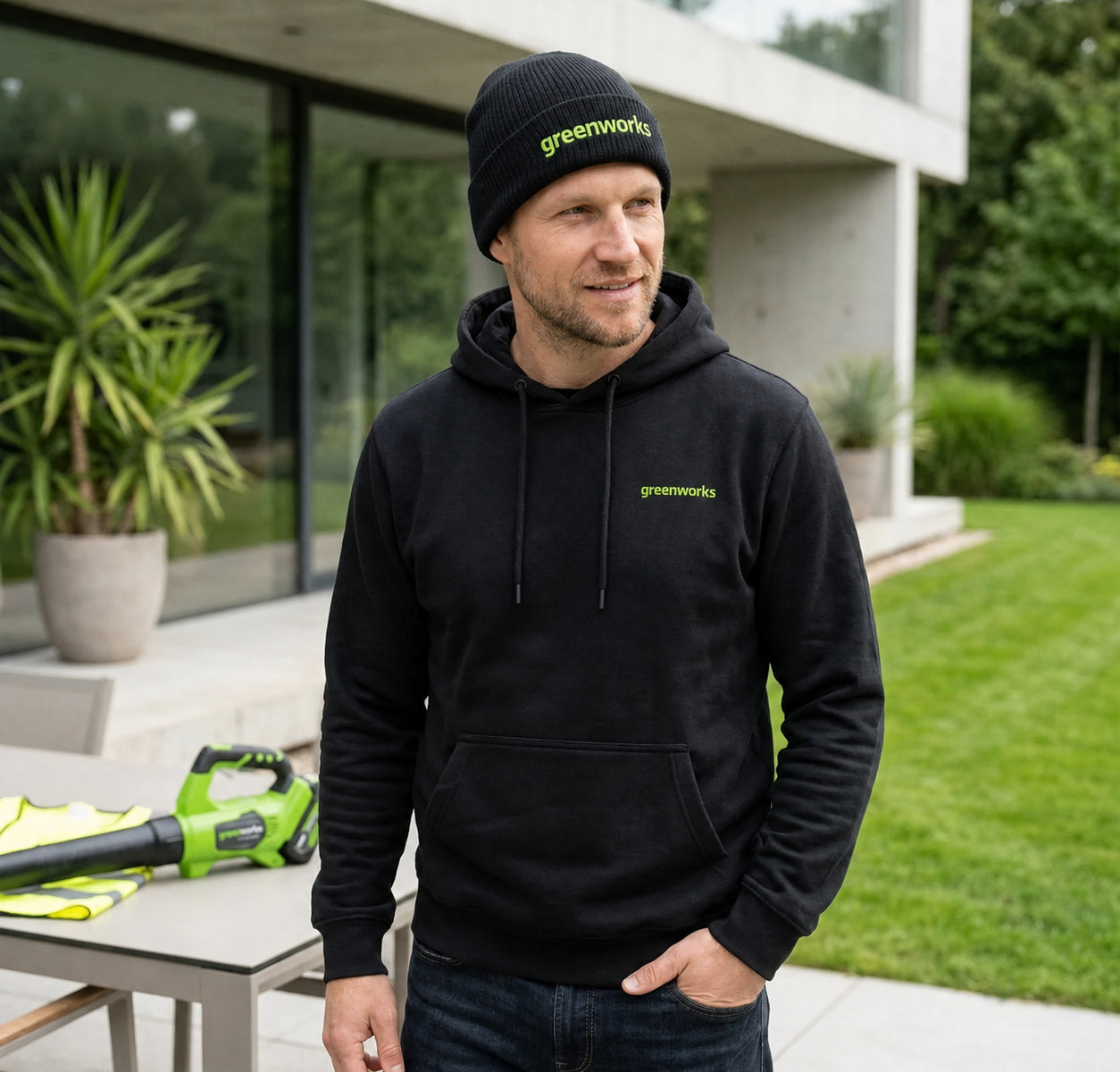 Greenworks beanie and logo hoodie worn outdoors