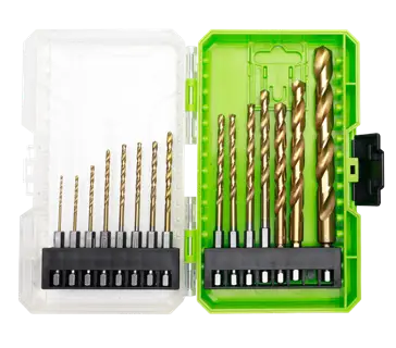 Greenworks 15-piece drill bit set in a green case