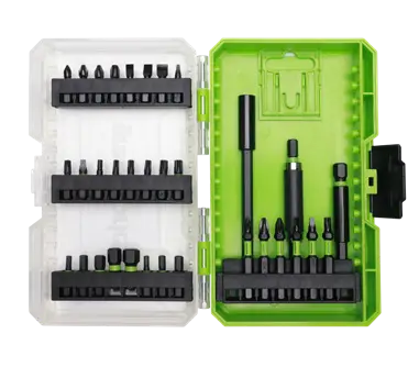 Greenworks 35-piece impact drive bit set in a green case
