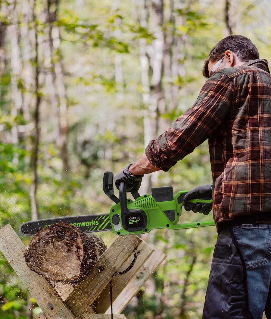 Greenworks chainsaw in use