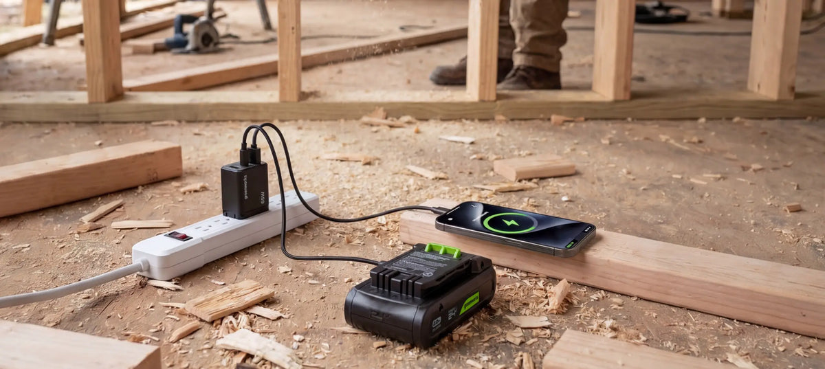 POWERALL battery powering devices on a worksite