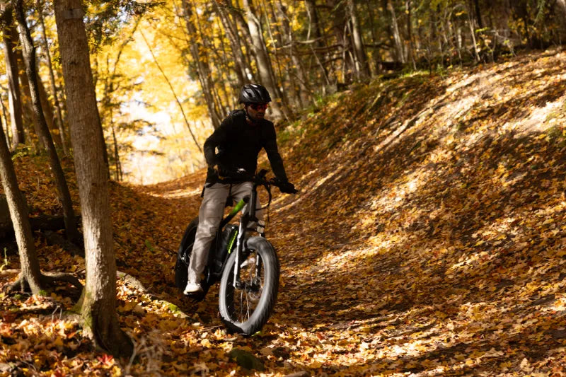 Greenworks e-bike — rider on a forest trail through autumn leaves