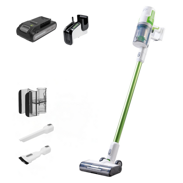 SVG24L410 – 24V Cordless Green Stick Vacuum, 4.0Ah Battery and Compact Charger isolated