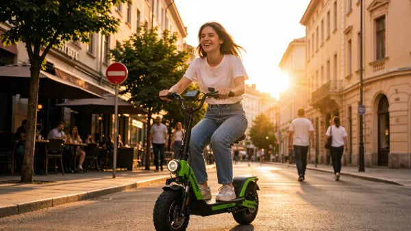 Greenworks electric scooter ride through urban neighborhood
