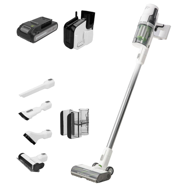 4707102 – 24V White Cordless Stick Vacuum, Battery and Charger isolated